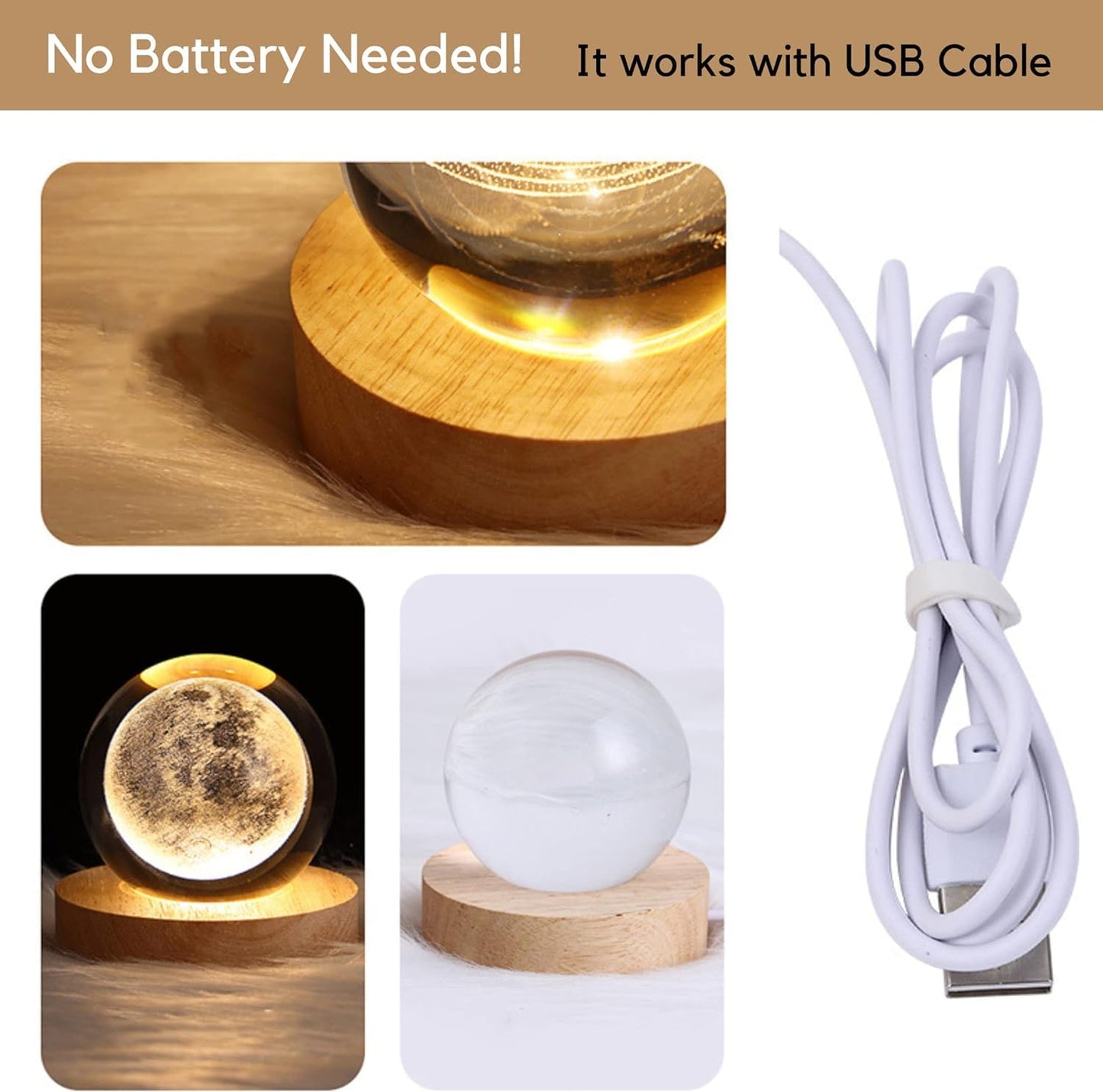 3D Moon Crystal Ball Night Lamp (Moon)(Warm White)