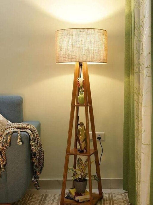 2.Wooden Floor Lamp with Shelf – Natural Charm Meets Everyday Function