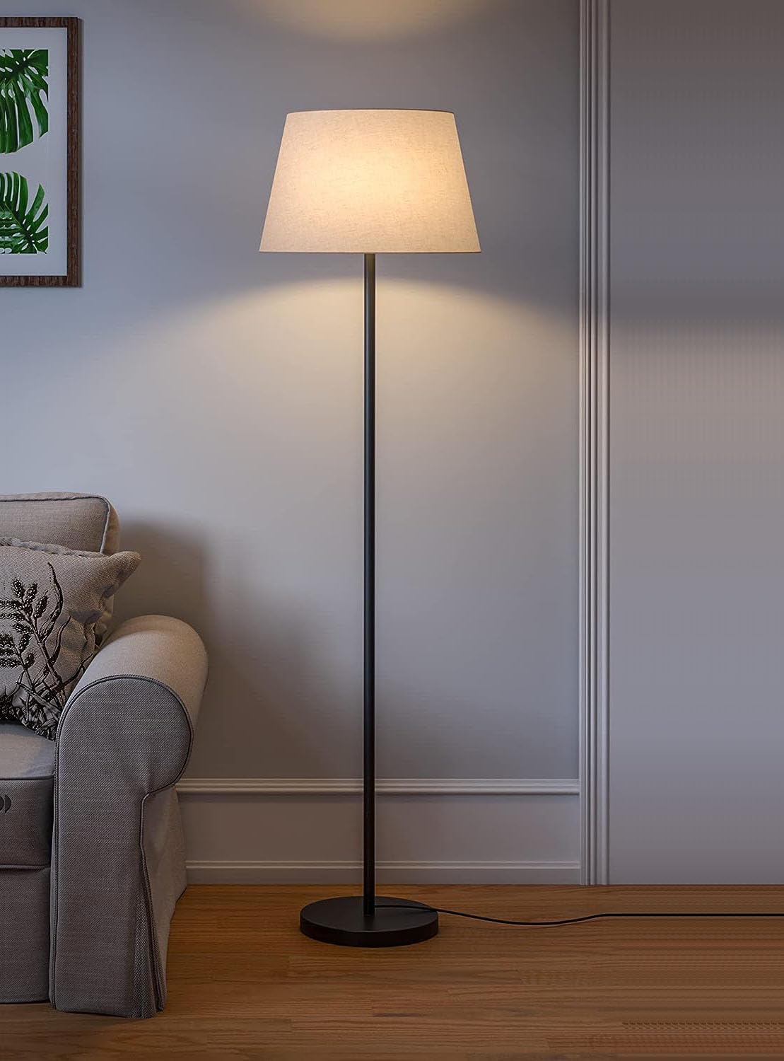 1.Modern Black Metal Floor Lamp (5ft) with Tapered Beige Shade