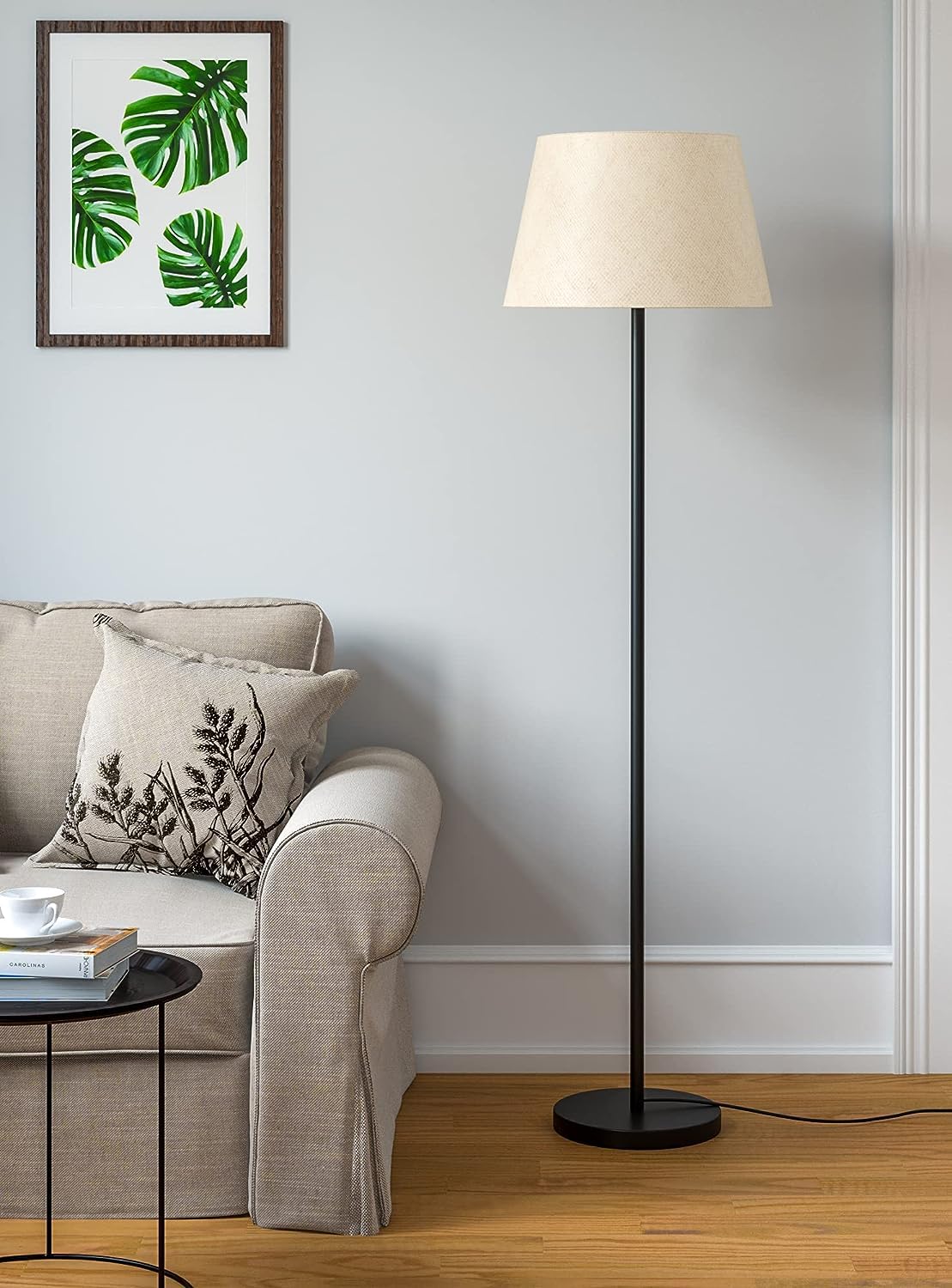 1.Modern Black Metal Floor Lamp (5ft) with Tapered Beige Shade