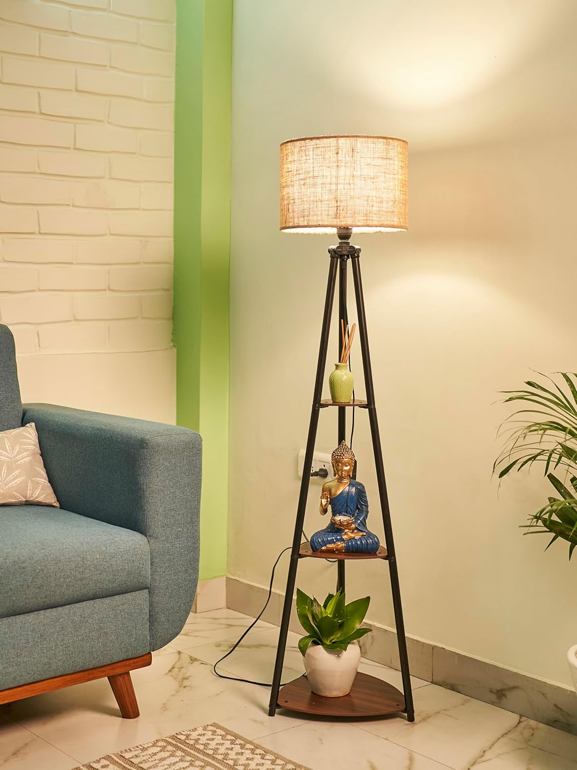 1.Modern Metal Floor Lamp with 3-Tier Shelves & Jute Shade