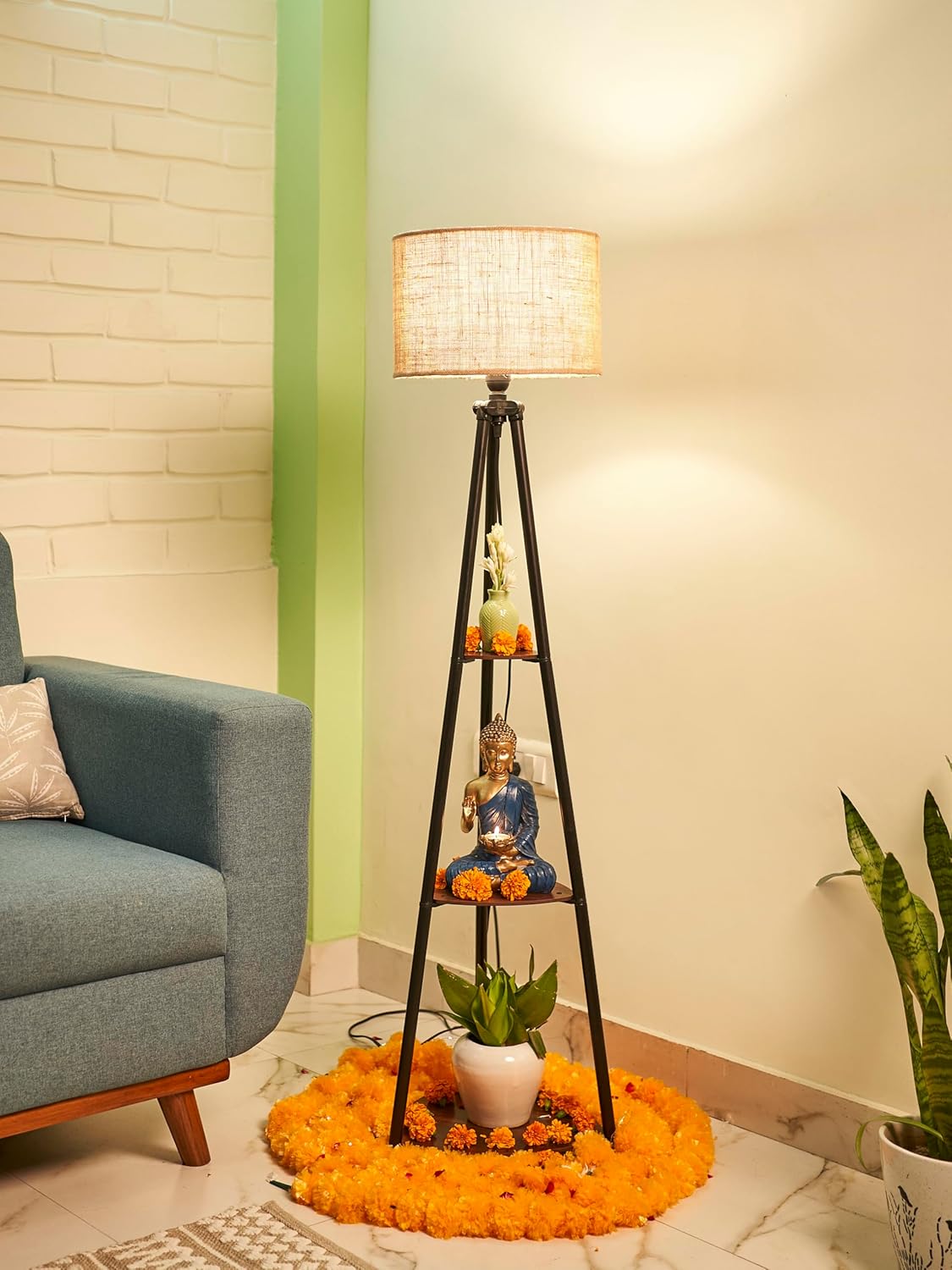 1.Modern Metal Floor Lamp with 3-Tier Shelves & Jute Shade