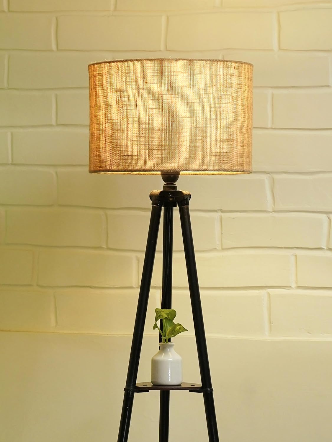 1.Modern Metal Floor Lamp with 3-Tier Shelves & Jute Shade