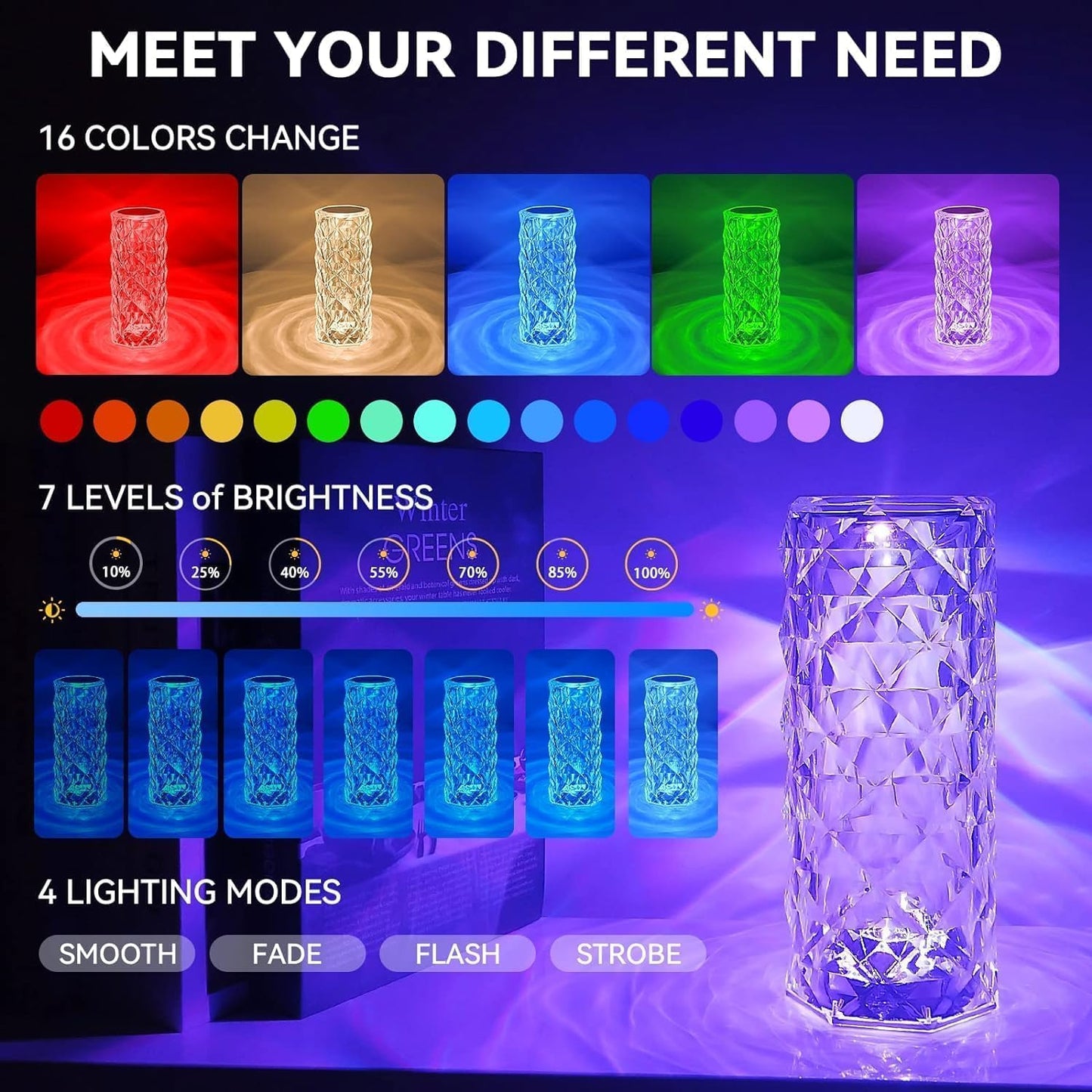 Crystal Diamond 16 Color Changing Rose Table Lamp