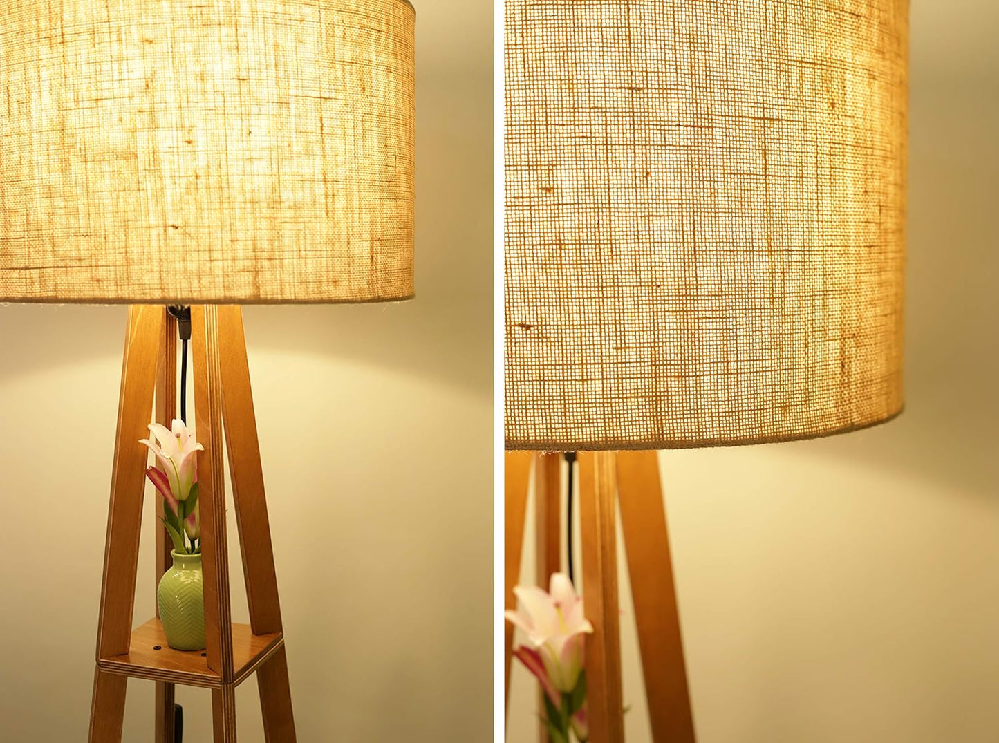 2.Wooden Floor Lamp with Shelf – Natural Charm Meets Everyday Function